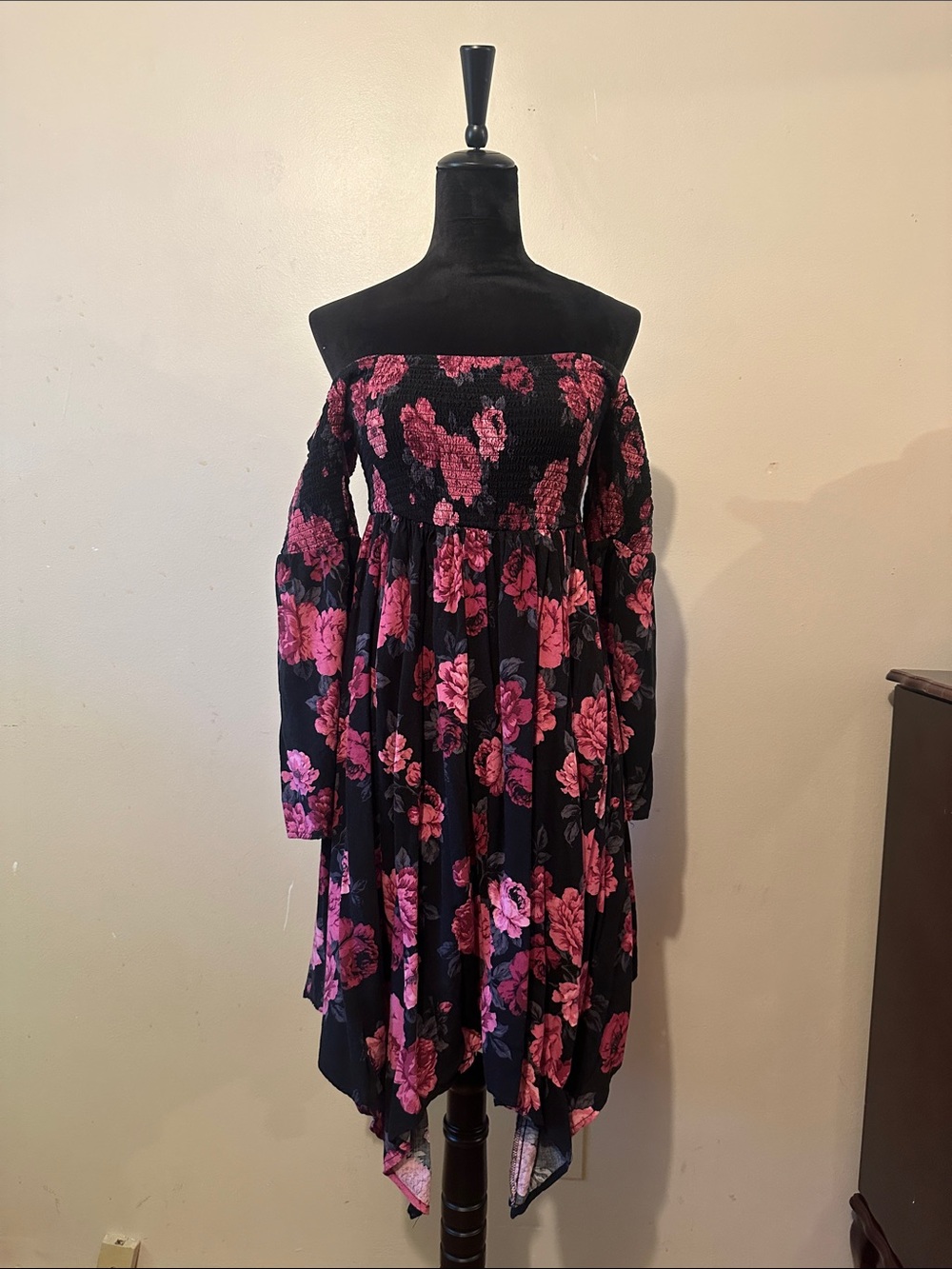 Torrid Black & Pink Off the Shoulder Floral Bell Sleeves Flowy Mini Dress